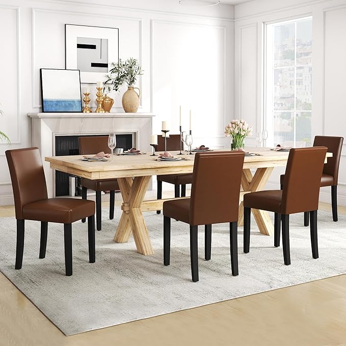 LSSPAID Dining Chairs Set of 6, Modern Stylish PU Leather Upholstered Parson Chair, Dining Room Chairs with Solid Wood Legs for Kitchen Living Room, Brown