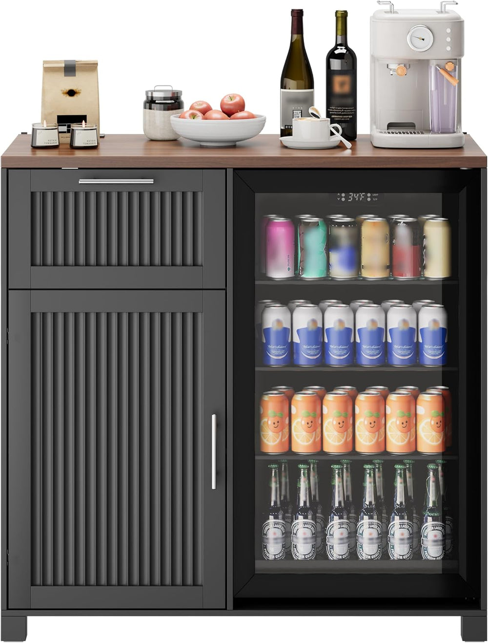 38.6" Long Fluted Mini Fridge Cabinet with Power Outlet & Drawer, Black