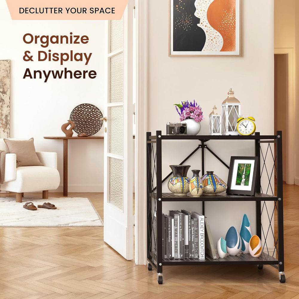 3-Tier Foldable Storage Shelf with Wheels | Metal Rack Collapsible Shelving D...