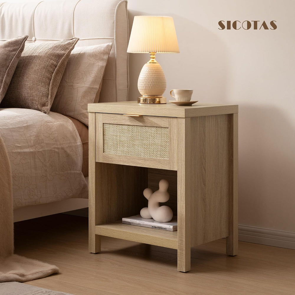 SICOTAS Nightstands Set of 2 Rattan Night Stand with Drawer | Farmhouse Bedsi...