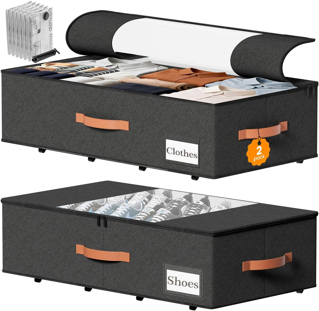 TOSKING 2-Pack Under Bed Storage Drawers with Wheels, 6 Vacuum Bags, 7.9" Height, Large 65L/80 lbs Clear Lid Rolling Bin, 900D Oxford, Space Saver for Dorm Bedroom, Blankets, Clothes, Shoes, Black