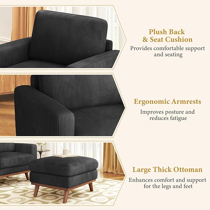 Vesgantti 38.5" Accent Chair with Movable Ottoman, Comfy Corduroy Armchair with Spring Cushion, Reading Chair with Ottoman, Modern Single Sofa for Living Room, Bedroom and Apartment, Black