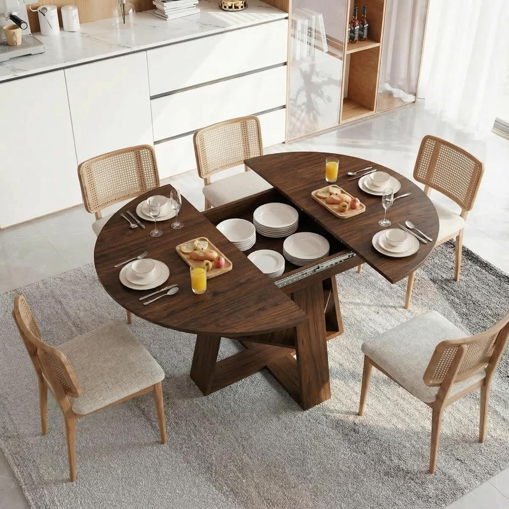 43.3-59" Extendable Round Dining Table, Modern Oval Kitchen Table with R...