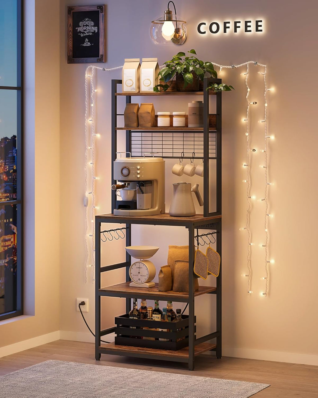 VASAGLE Bakers Rack with Power Outlet, Microwave Stand, Kitchen Tall Utility Storage Shelf, with Metal Wire Panel, 14 Hooks, 15.7 x 23.6 x 66.9 Inches, Rustic Brown and Ink Black UKKS037B01