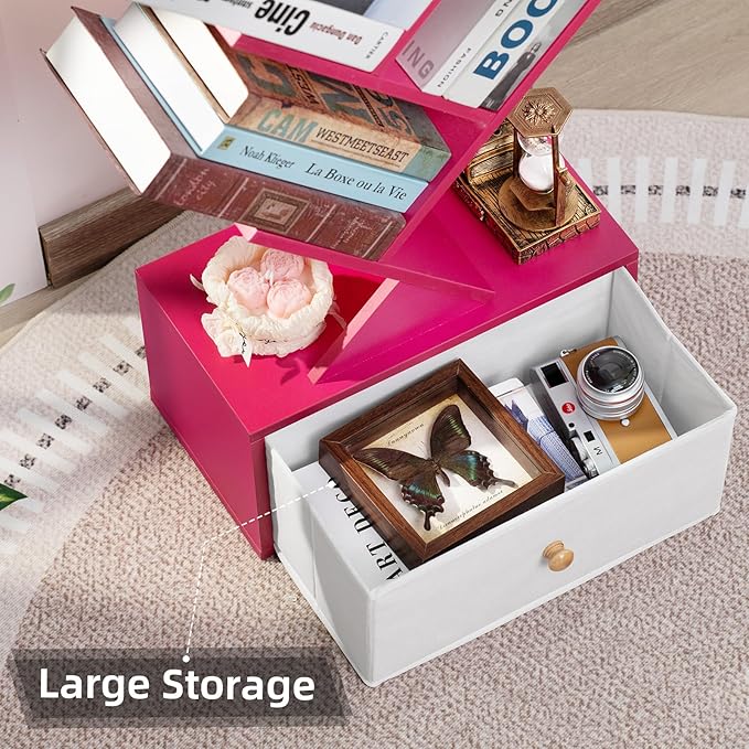 8 Tier Tree Bookshelf with Drawer, Free Standing Wood Bookcase for Narrow Spa...