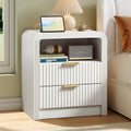 Fluted Nightstand with Charging Station, 19.7'' Wide Morden End Table with USB/Type-C Ports, 2 Drawers & Open Shelf, Curved Profile Design, Wood Bedside Table for Bedroom (White)