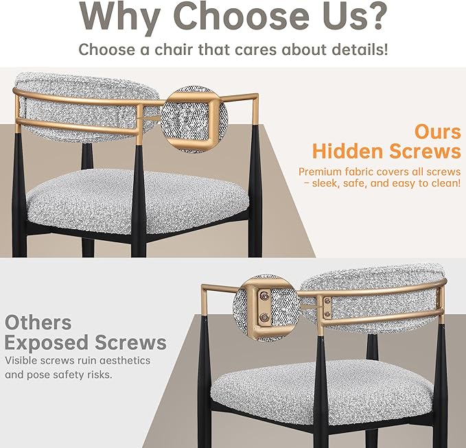 Morden Fort Modern Boucle Dining Chairs Set of 2, Grey Upholstered Dining Chairs with Black Metal Legs and Gold Armrest, Accent Chairs for Kitchen, Living Room and Café