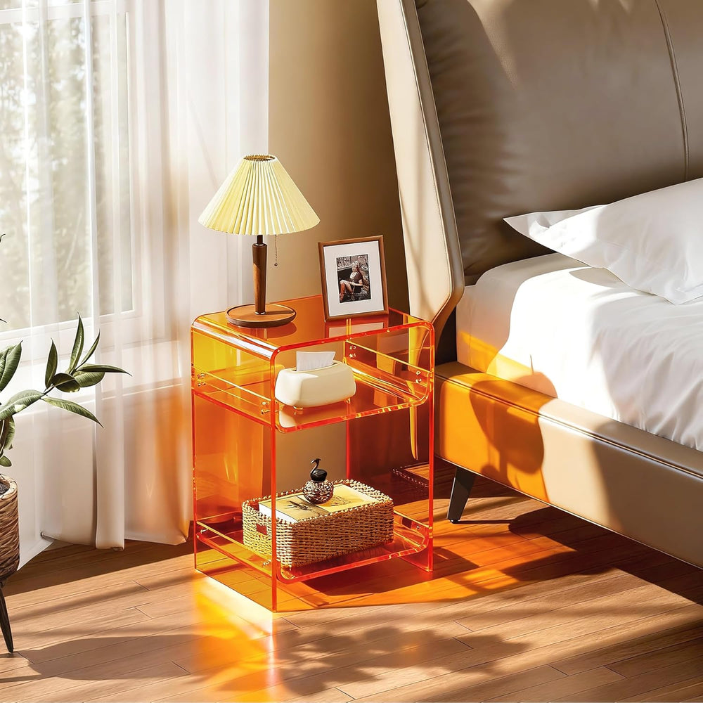 Acrylic Record Player Table with Storage Shelf, Clear Side Table Nightstand (...