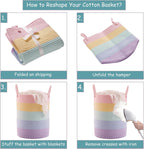 Large Rainbow Hamper Laundry Basket for Baby Girls Kids Nursery | 60L Pastel Unicorn Woven Clothes Hamper Tall Blanket Basket in Playroom Bedroom 15Dx20H inches
