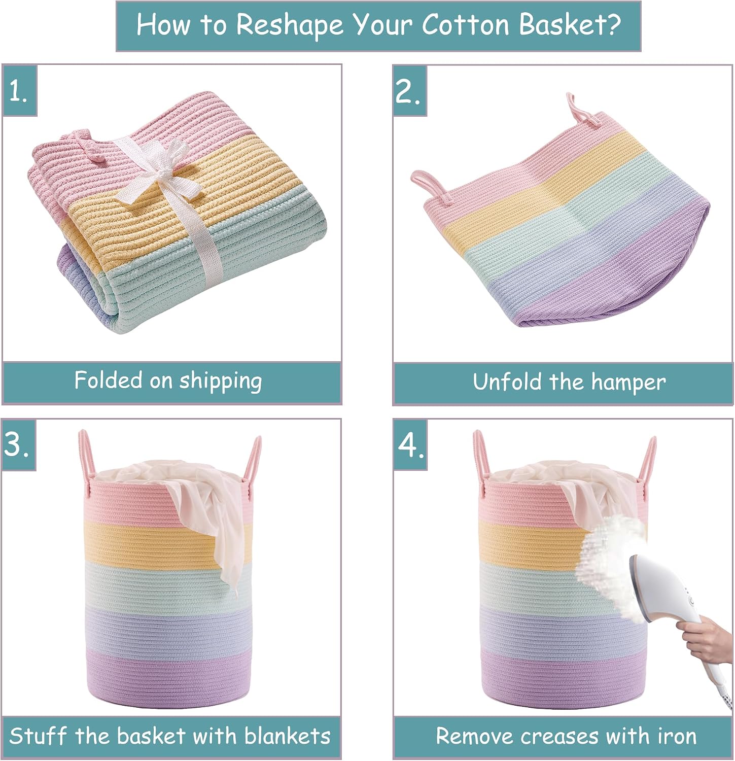 Large Rainbow Hamper Laundry Basket for Baby Girls Kids Nursery | 60L Pastel Unicorn Woven Clothes Hamper Tall Blanket Basket in Playroom Bedroom 15Dx20H inches