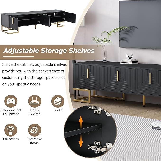 Ball & Cast Modern TV Stand with Storage Cabinets for TVs up to 80", Luxury Media Console w/Metal Legs & Gold Handles,Geometric Lines & Adjustable Shelf,Entertainment Center for Living Room,Black