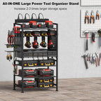 JUNNUJ Power Tool Organizer Floor Stand with Charging Station, Garage Adjustable Storage Rack Utility Tool Shelf with 8 Outlet Power Strip, Heavy Duty Drill and Battery Holder, Black