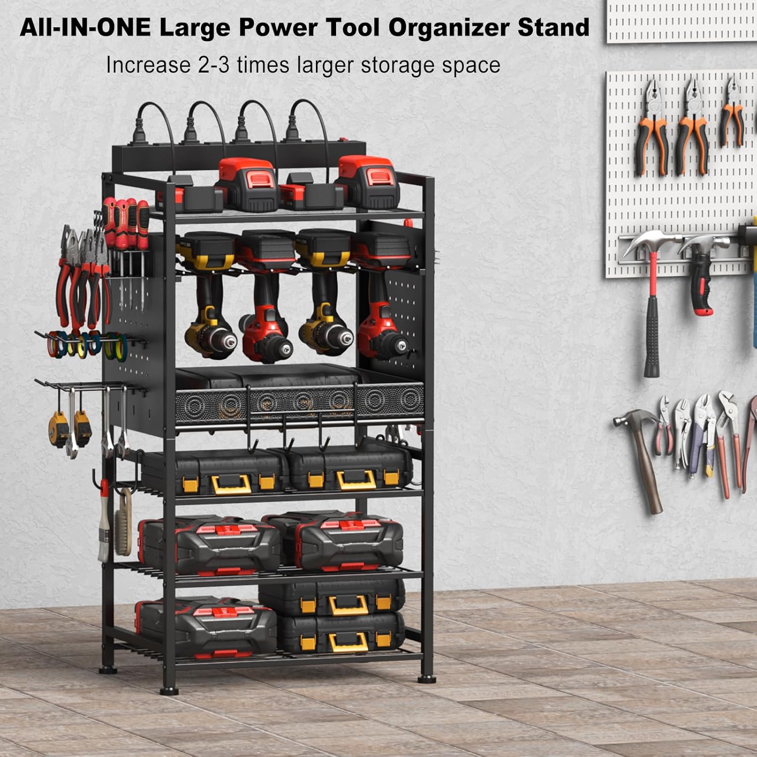 JUNNUJ Power Tool Organizer Floor Stand with Charging Station, Garage Adjustable Storage Rack Utility Tool Shelf with 8 Outlet 10 FT Power Strip, Heavy Duty Drill and Battery Holder