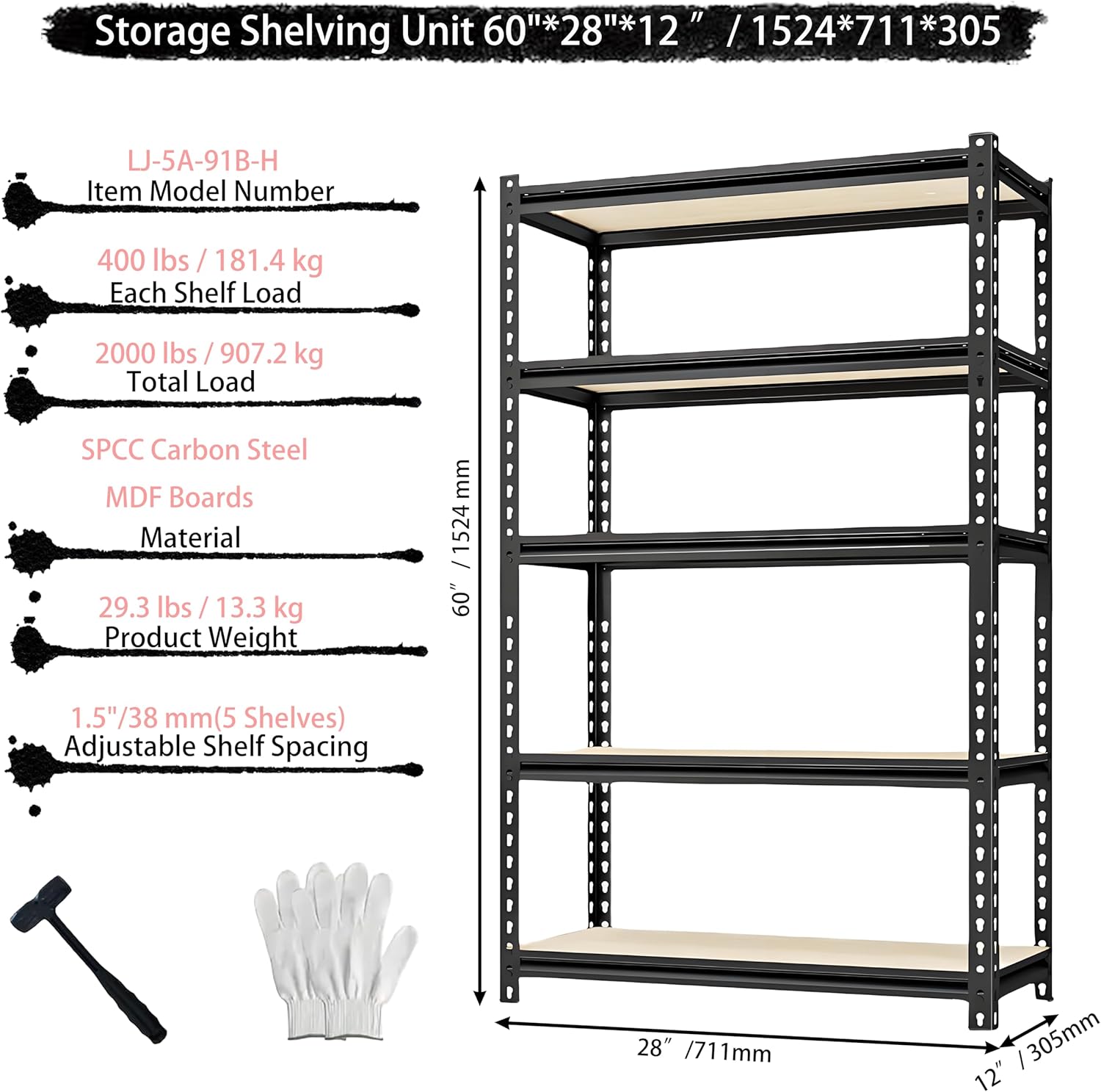 Storage Shelving Unit Heavy Duty Garage Shelves Metal Organizer Utility Rack for Kitchen Pantry Basement Pantry Warehouse Laundry 5 Tire 60" H x 28" W x 12" D 2000LBS
