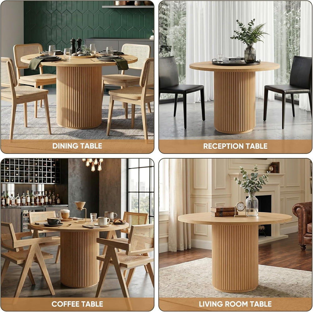 35'' Round Pedestal Dining Table, Solid Wood Base, Modern Fluted Tabl...