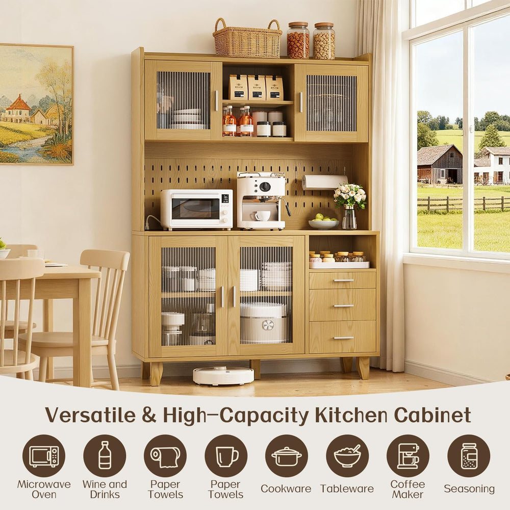 71" Tall Kitchen Pantry Cabinet with Remote LED Light & Charging Sta...