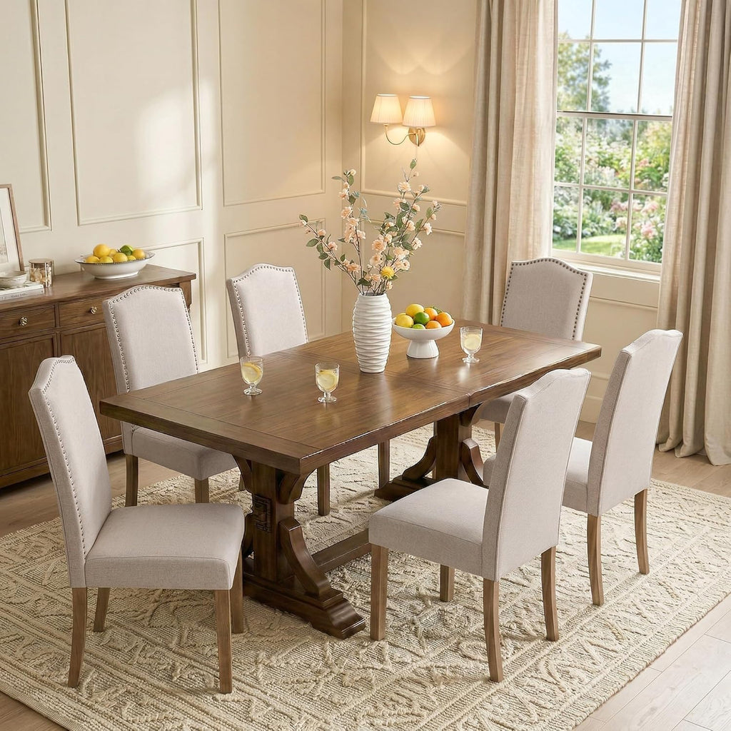 Upholstered Dining Chair Modern Stylish Parsons Kitchen Diner High Back with Silver Nailhead Trim & Wood Legs, Set of 4, Fabric Beige