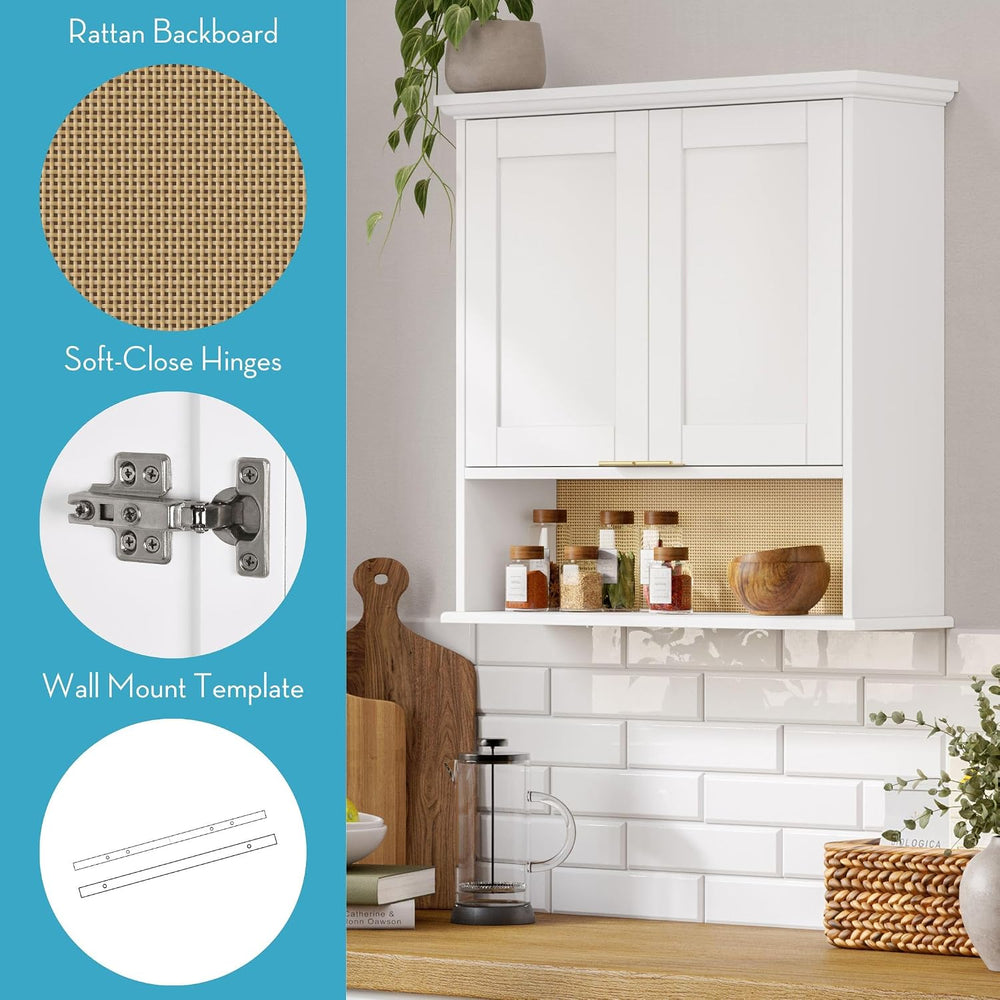 RiverRidge Two-Door Kitchen Storage Wall Cabinet with Woven Rattan Backboard,...