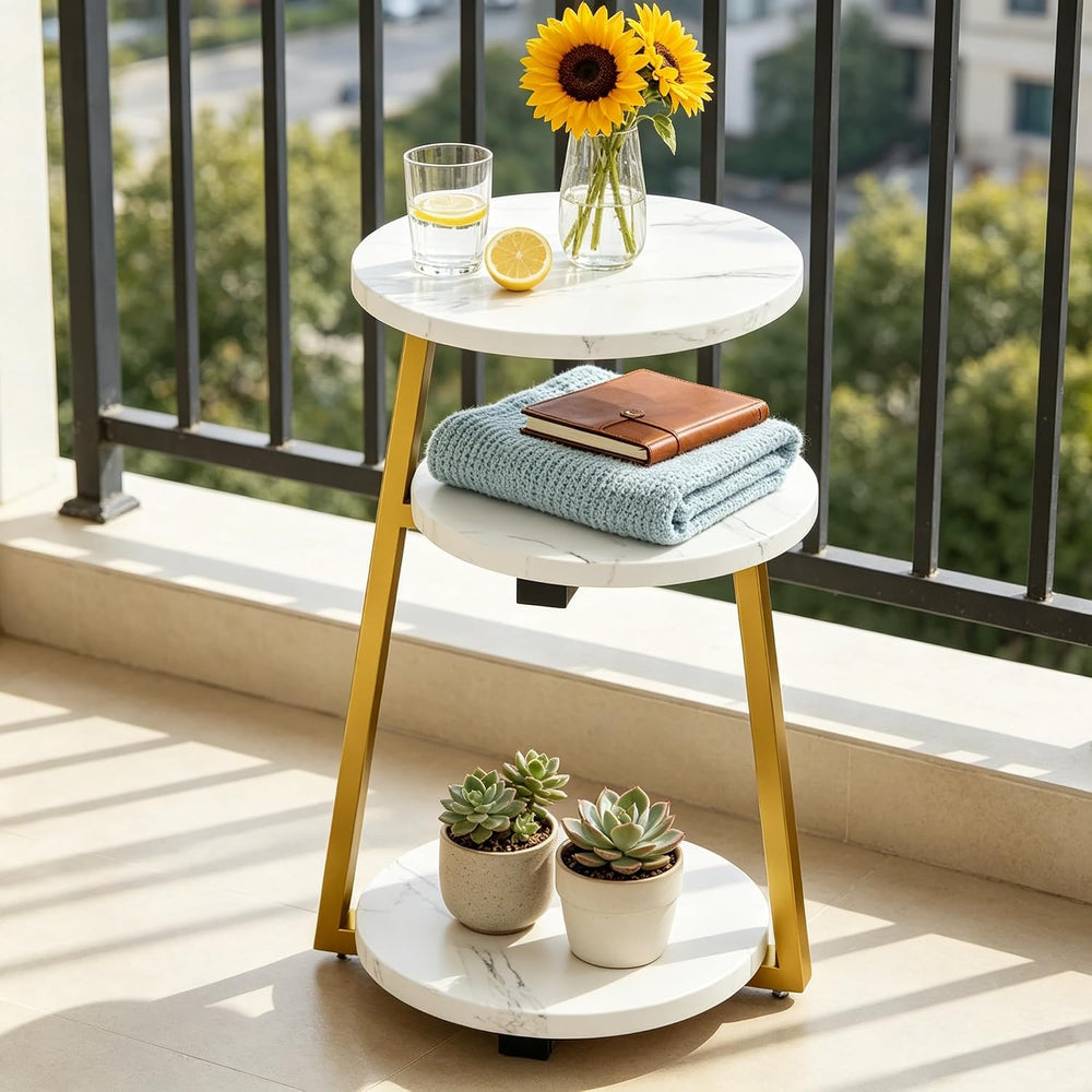 3-Tier Round Side Table, Faux Marble Top Side Table with Sturdy Metal Frame, ...