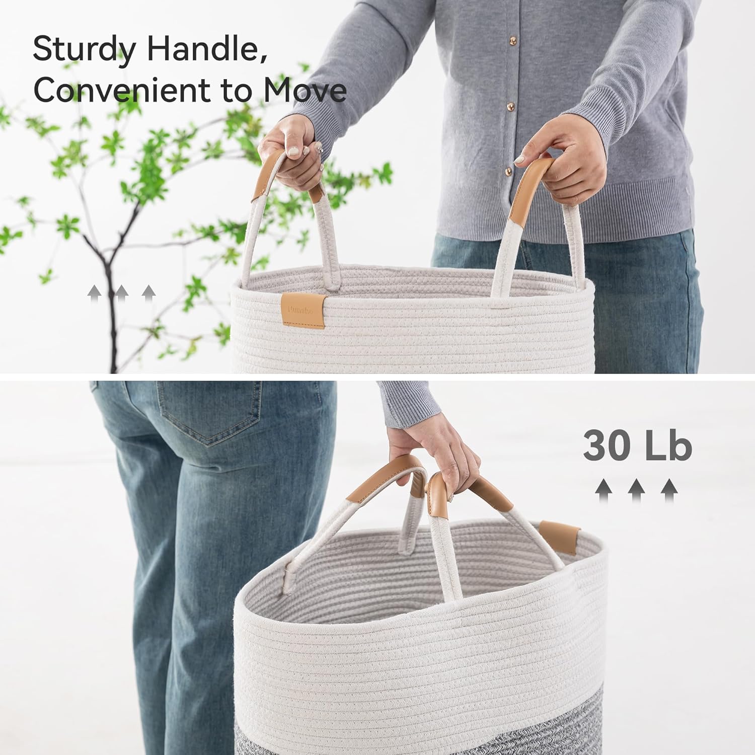 62L Striped Laundry Hamper with Leather Handles,Large Foldable Laundry Basket for Clothes,Cotton Rope Storage Bin for Blankets,Woven Clothes Basket for Bedroom,Gray Stripes