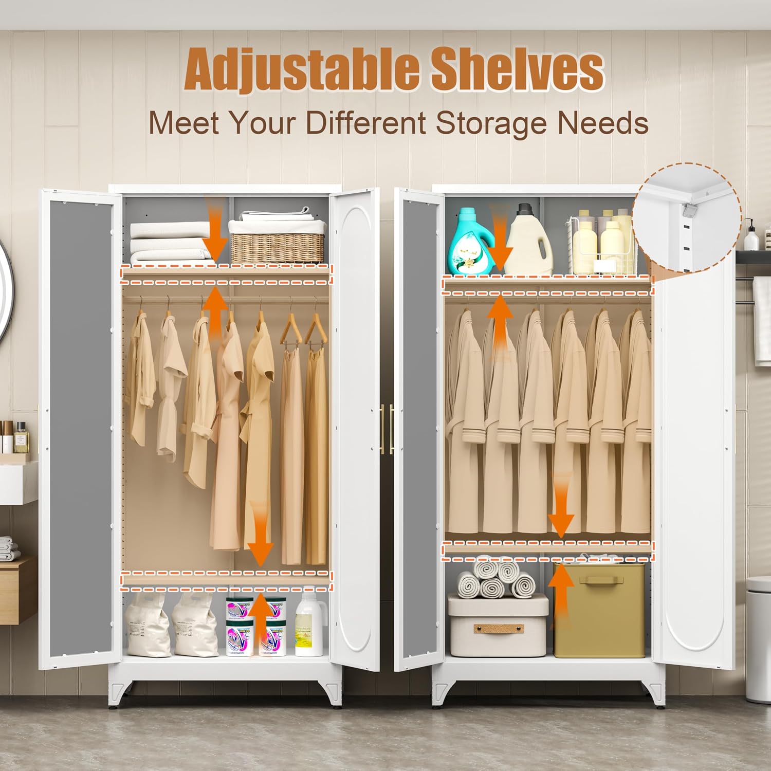 Metal Wardrobe Closet with Mirror Doors and 2 Adjustable Shelves | 71"Tall Storage Cabinet with Hanging Rod, White Bedroom Armoires, Steel Wardrobe Cabinet for Bedroom, Gym, Apartment, School
