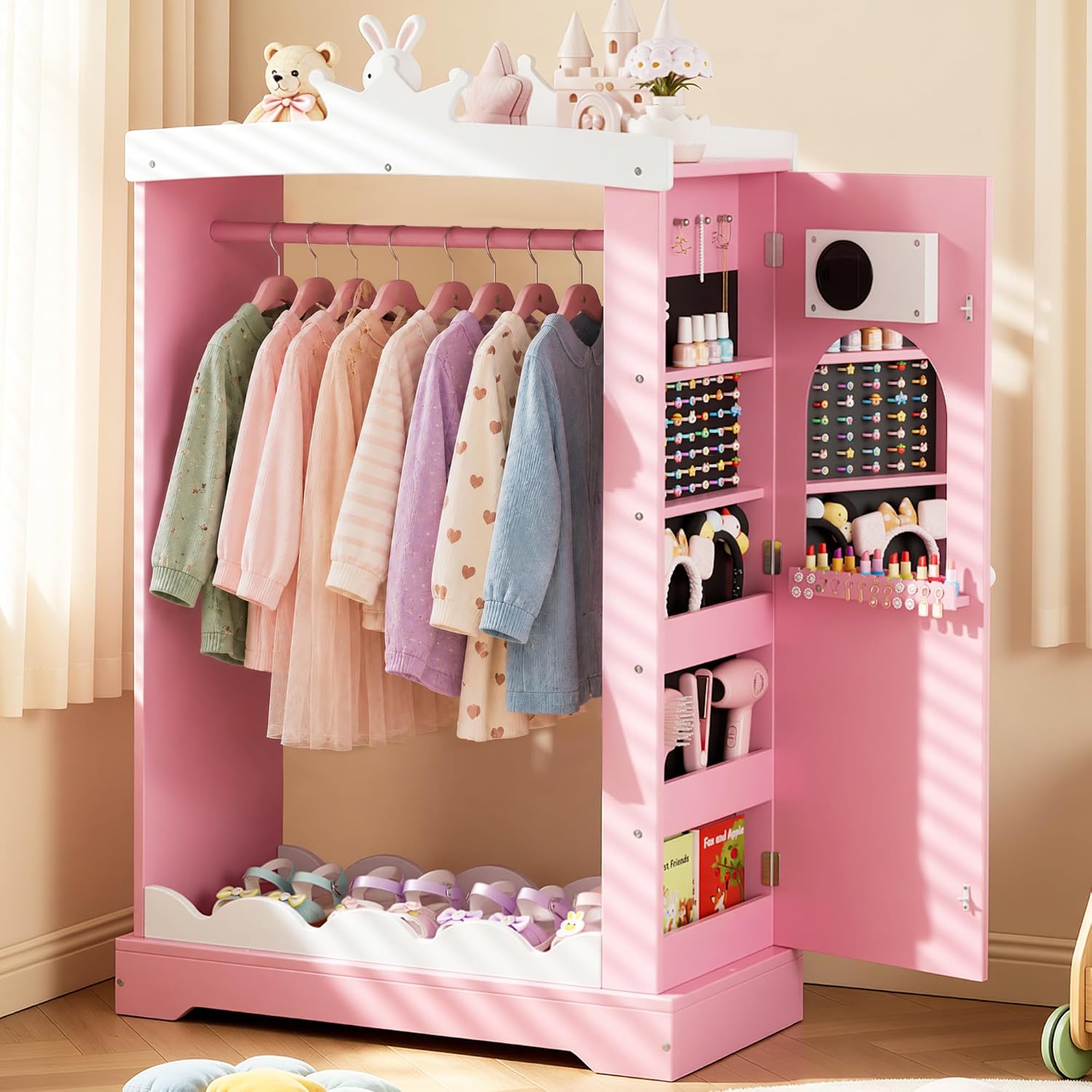 Kids Dress Up Wardrobe with Light-Up Full-Length Mirror & Jewelry Cabinet, Wooden Princess Pretend Play Armoire Closet with Crown Top and Storage for Girls Room (Pink)