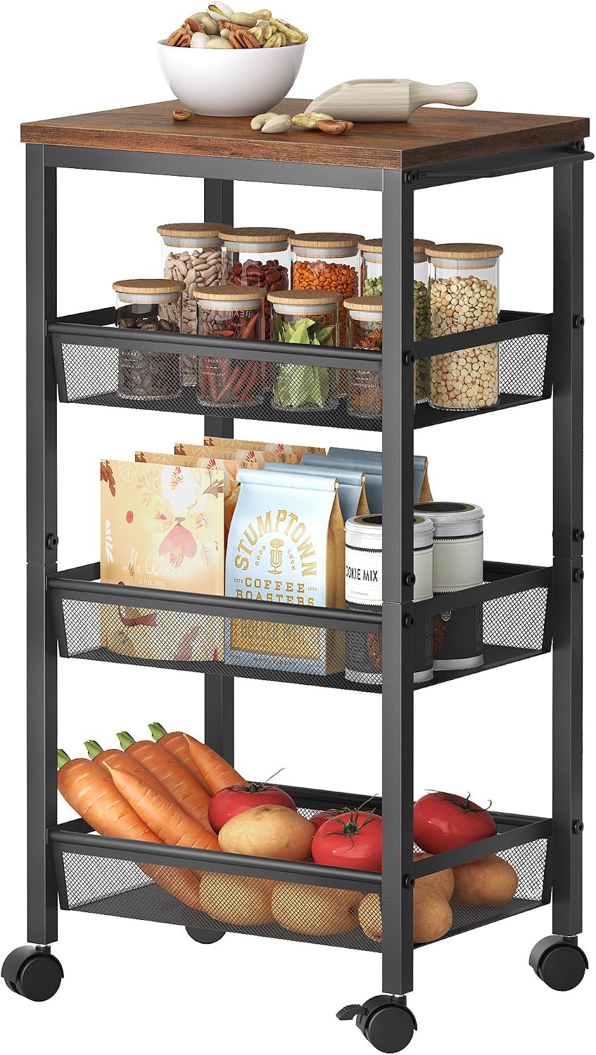 Hoctieon Rolling Storage Cart, 4-Tier 11.8" Wide Panel Kitchen Storage C...