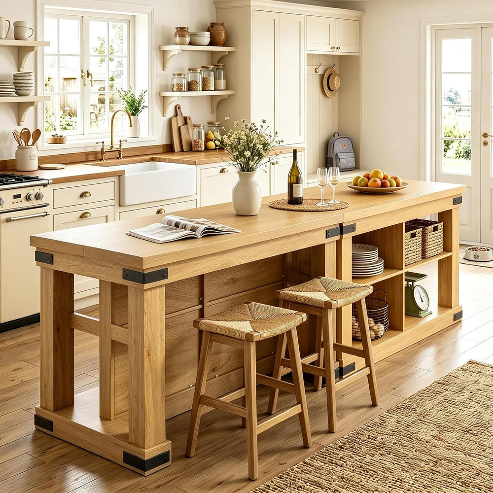Viviwood 55" Kitchen Island with Storage and Seating, Farmhouse Wood Sta...