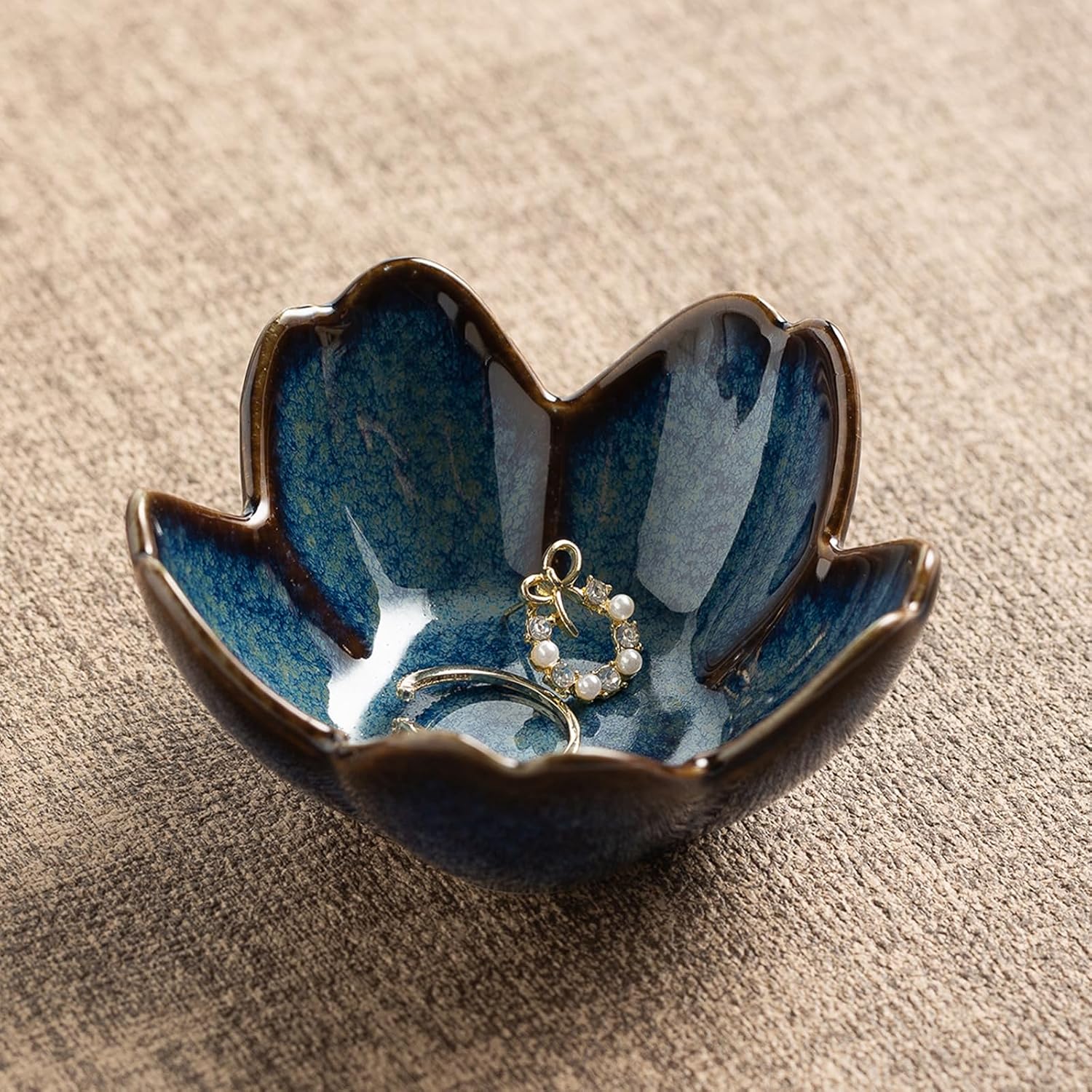 Floral Ceramic Jewelry Tray, 3.5" Ring Holder Trinket Bowl | Petite bowl keeps rings, earrings, keys, and keepsakes visible on vanities or dressers, making a sweet gift for women