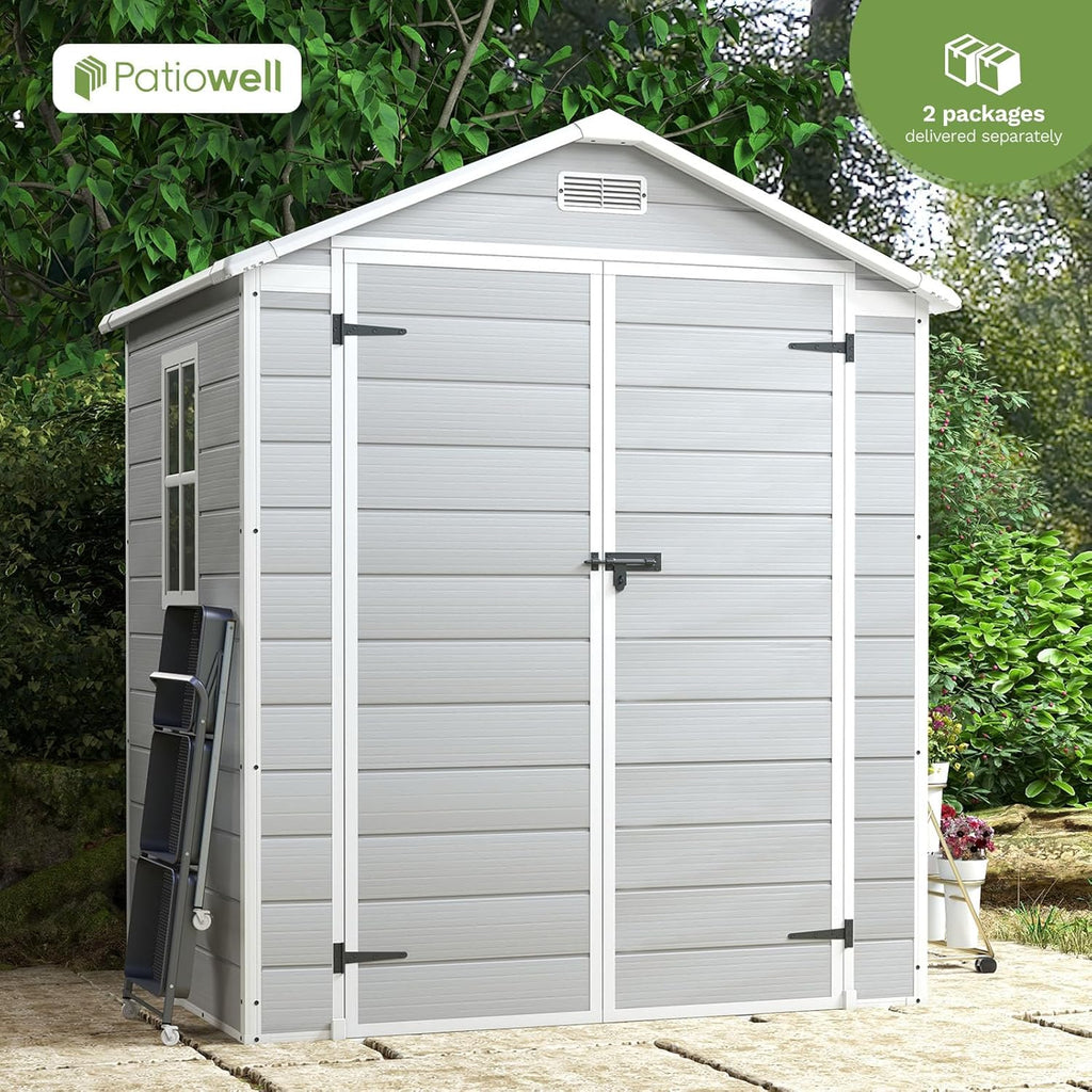 Patiowell 6x4 FT Plastic Outdoor Storage Shed, Resin Outside Shed Perfect to Store Patio Furniture, GardenTools Bike Accessories, Beach Chairs and Lawn Mower, Light Grey