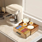 Acacia Wood Tea Bag Organizer - 12-Compartment Capacity Tea Box Organizer Storage Box with Drawer, Tea Accessories for Tea Bags Storage Drawer, Tea Station for Countertop
