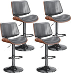 Swivel Bar Stools Set of 4, Adjustable Bentwood Barstools for Kitchen Counter, Modern PU Leather Upholstered Bar Chair with Back and Footrest, for Kitchen Island, Bar, Dining Room, Gray