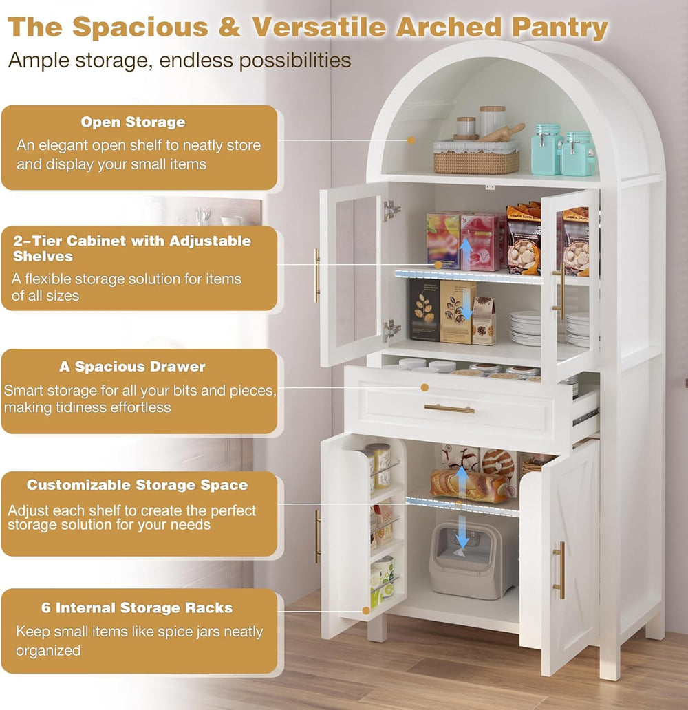 Mirightone 71" Tall Arched Kitchen Pantry, Farmhouse Storage Cabinet, Di...