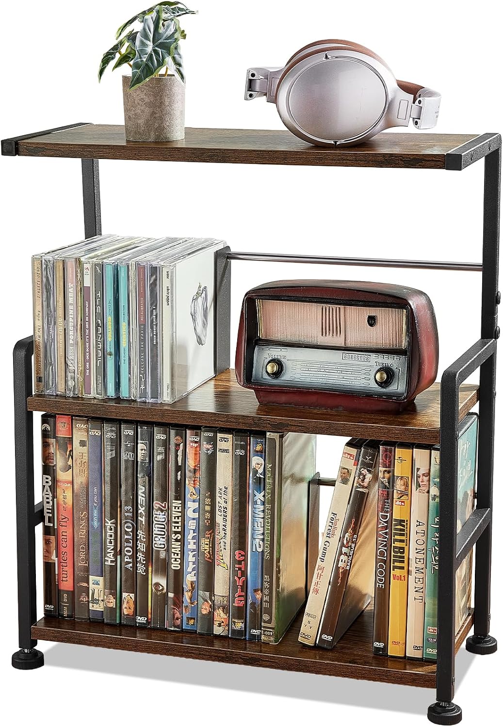 CD Storage Rack, 3-tier CD Holder for Coutertop, Wooden CD Organizer, DVD Storage Shelf, Holds Up to 70 Standard CD, Adjustable CDs Dividers, Multi-Purpose Media Storage for CD DVDs Games Books