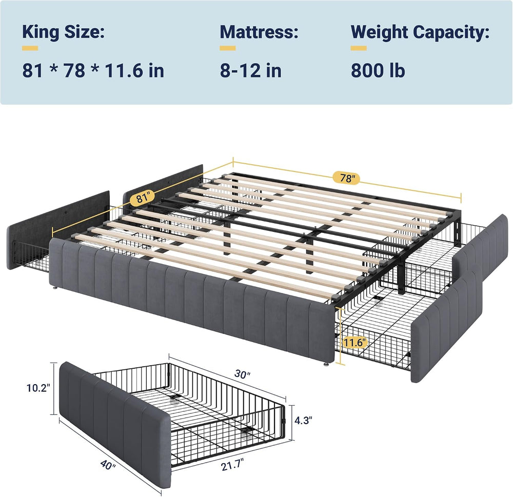 Allewie King Size Platform Bed Frame with 4 Large Storage Drawers, Velvet Ver...