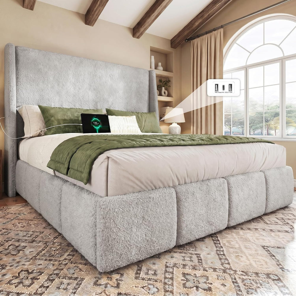 LARMACE Queen Size Bed Frame 54.2" Extra Tall Wingback Headboard, Lambsw...