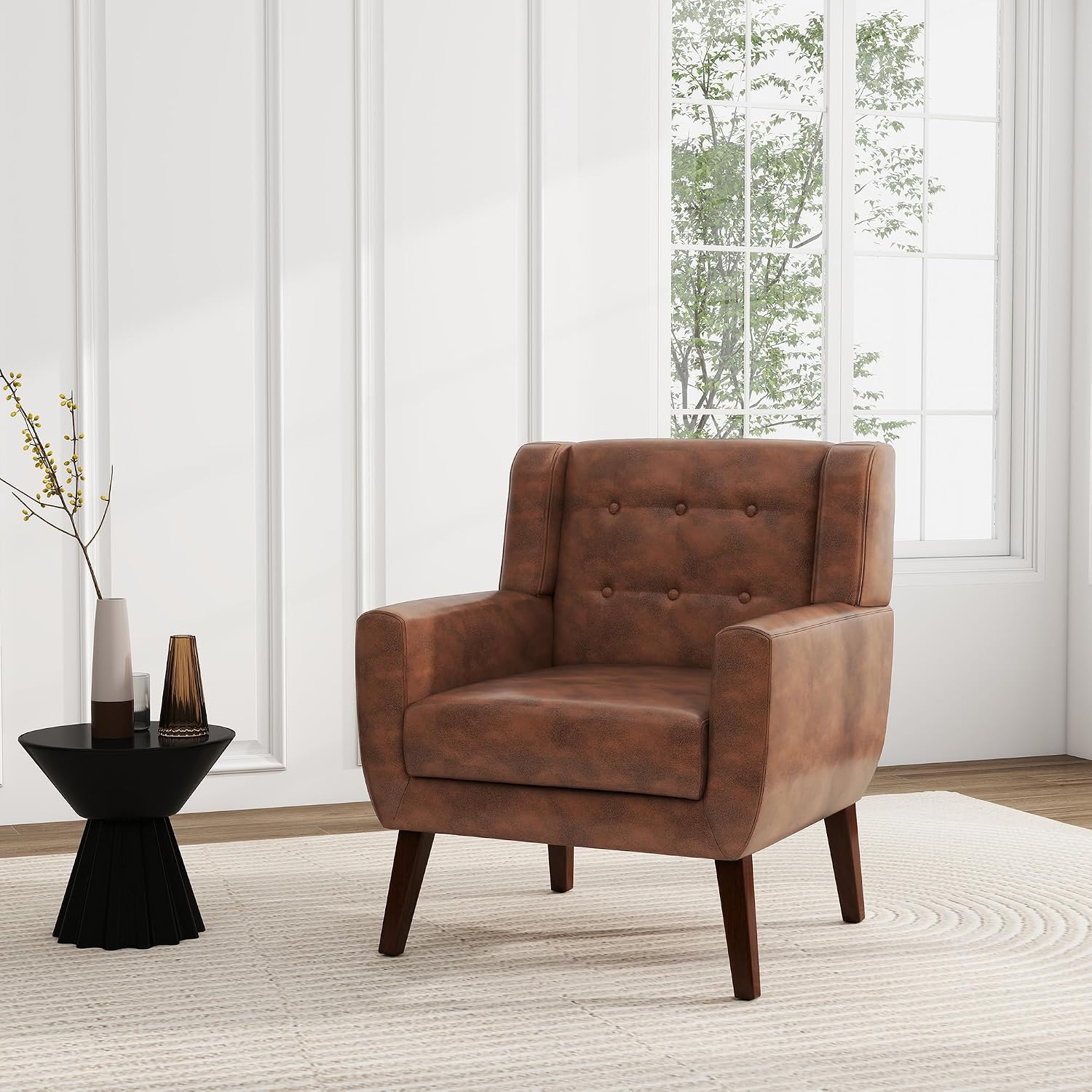 PU Leather Accent Chair, Modern Upholstered Armchair, Coffee | Comfy Wingback Chair with Removable Cushion, Wood Frame, Button Tufted Living Room Chair Bedroom Side Reading Seat