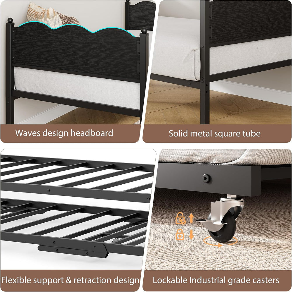 IDEALHOUSE Twin Daybed with Trundle, Day Bed with Industrial Wood Grain Headb...