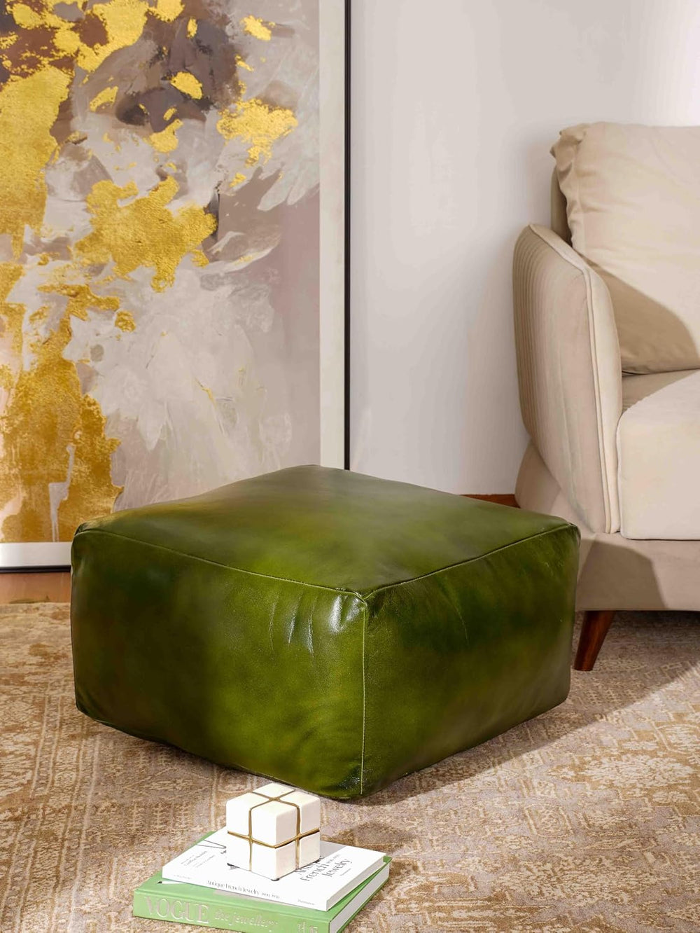 Handmade Eco-Friendly Solid Leather Pouf Green Color Square 21" x 21&quo...