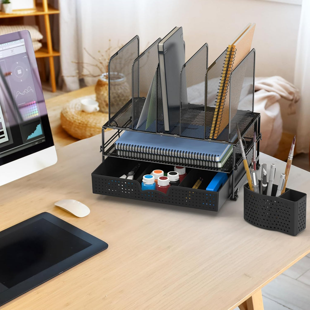 SIMPLE HOUSEWARE Mesh Desk Organizer with Sliding Drawer, Double Tray and 5 Upright Sections, Black