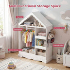 VOWNER Kids Wardrobe Closet with Mirror and Storage Shelves (White) | Dress up closet with hanging rod, shoe rack & 3 hooks, ideal for bedroom, playroom & nursery