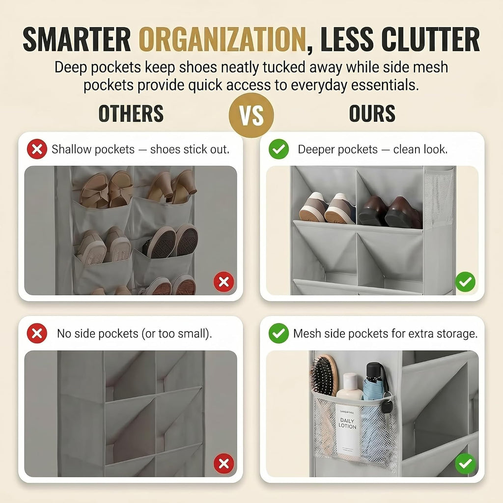 8 Tier Hanging Shoe Organizer for Closet, Over the Door Shoe Organizer with Deep 120D Extra Thick Pockets, Shoe Rack for Closet & Entryway, with 6 Side Pockets for Boots (Transparent)
