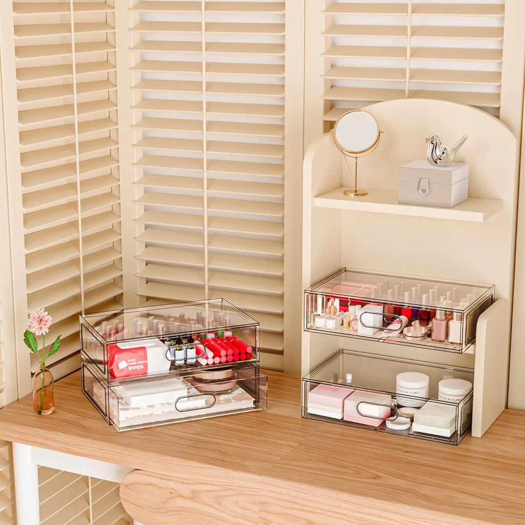2 Pack Clear Makeup Storage Drawer, 12''W Stackable Bathroom Organizers and Storage Drawer, Acrylic Cosmetic Display Case For Vanity, Undersink, Cabinets, Desk Organizer