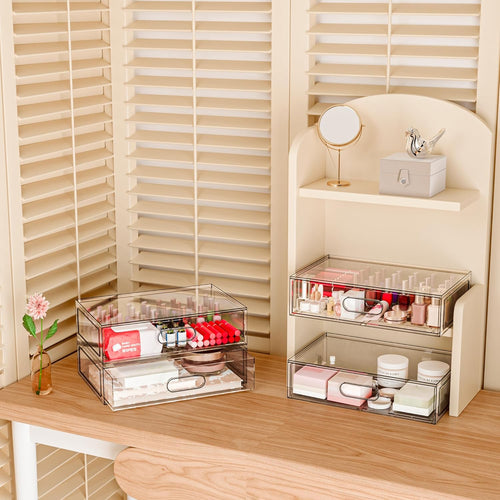 2 Pack Clear Makeup Storage Drawer, 12''W Stackable Bathroom Organizers and Storage Drawer, Acrylic Cosmetic Display Case For Vanity, Undersink, Cabinets, Desk Organizer