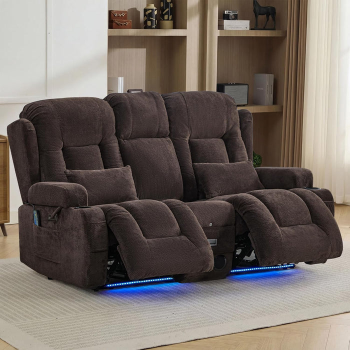 TUNYI Wall Hugger Loveseat Recliner Sofa with Console, Power Reclining Loveseat RV Couch with Massage & Heat/USB/Outlet/Storage/LED Light/Speaker (Brown, 2 Seat with Console)