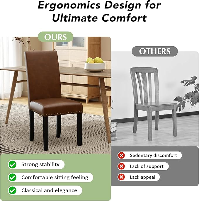 LSSPAID Dining Chairs Set of 4, PU Leather Upholstered Dining Room Chairs with Nailhead Trim and Solid Wood Legs for Home and Kitchen, Brown