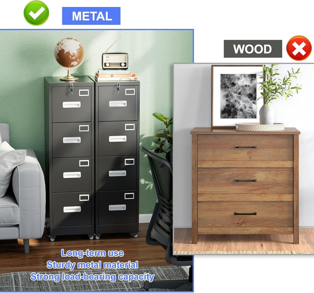 METAN 4 Drawer Metal File Cabinet with Lock, Mobile Heavy Duty Steel Filing C...