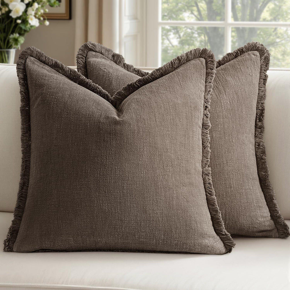 24x24 Inch Set of 2 Euro Linen Fringe Throw Pillow Covers,Coffee