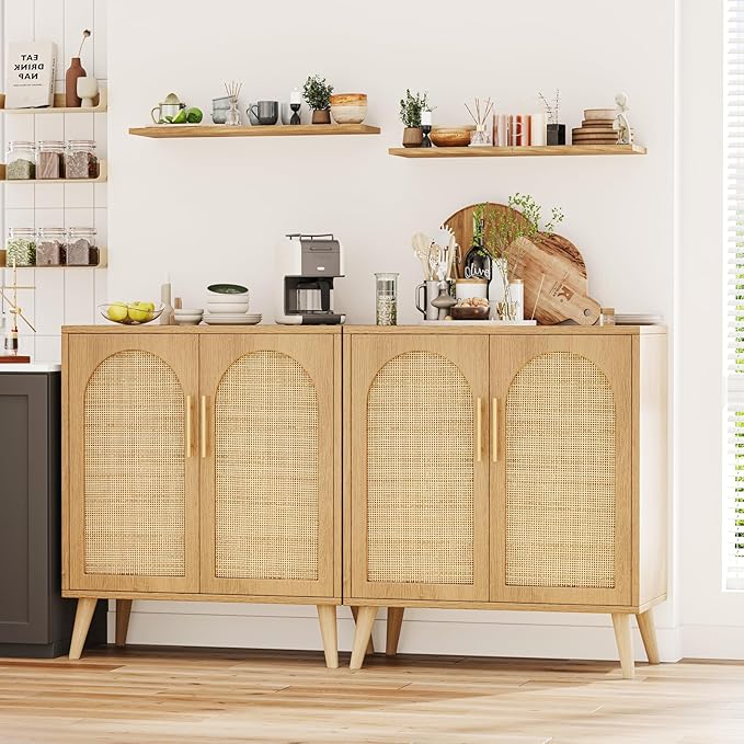 Rovaurx Set of 2 Rattan Storage Cabinet with Doors, Accent Bathroom Floor Cabinet, Modern Sideboard Buffet for Living Room, Entryway, Dining Room and Kitchen, Natural BMGZ108M02