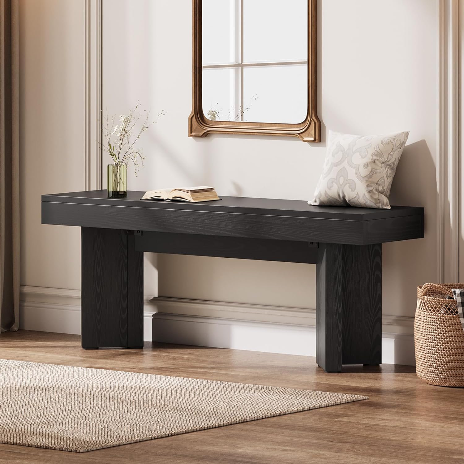 Tribesigns 47" Wooden Entryway Bench | Farmhouse Indoor End of Bed Bench, Long Table Benches Seat for Bedroom, Hallway, Foyer, End of Bed (Black)